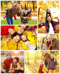 Wall Mural - Collage of photos with happy family in autumn park