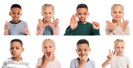 Poster - Collage with little children on white background. Concept of speech therapy