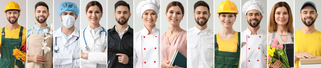 Collage with people in uniforms of different professions