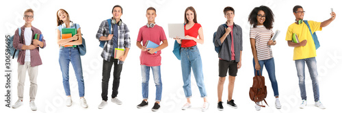 Fotomural Teenage boy with backpack and books on white background