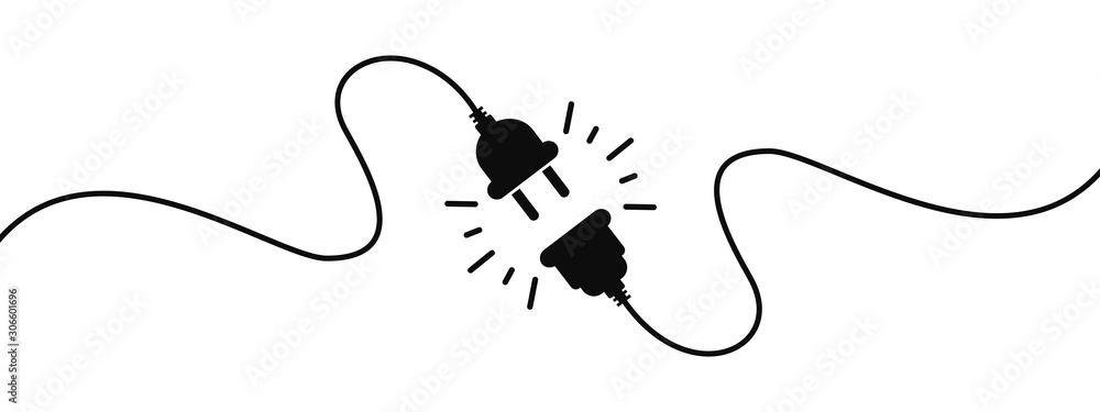 Electric socket with a plug. Connection and disconnection concept. Concept of 404 error connection. Electric plug and outlet socket unplugged. Wire, cable of energy disconnect – vector - obrazy, fototapety, plakaty 