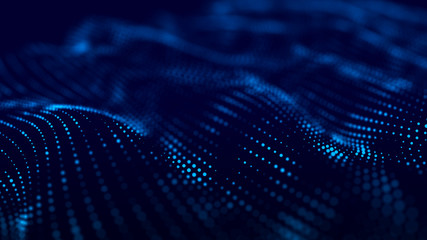 Abstract background with the movement of glowing dots. Digital technology. Dynamic wave of particles.