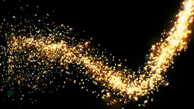 Wall Mural - Golden glitter flight with sparkling light. Shining Christmas gold particles and sparkles intro template on black background. Luxury magic festive effect with bokeh and glow. Dust trail 3D render