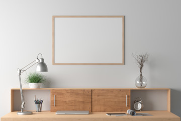 Wall Mural - Workspace with horizontal poster mock up on the white wall. Desk with drawers in interior of the studio or at home. Clipping path around poster. 3d illustration.