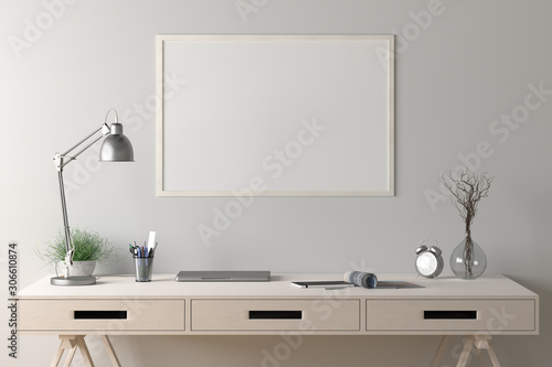 Fotografía Workspace with horizontal poster mock up on white wall