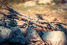 Closeup Of Pile Of Dry Branches And Twigs. Debris Bundled On A Rock Firepit, Campfire