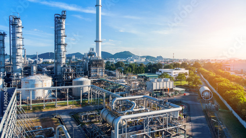 Cuadros en Lienzo Aerial view of chemical oil refinery plant, power plant on blue sky background