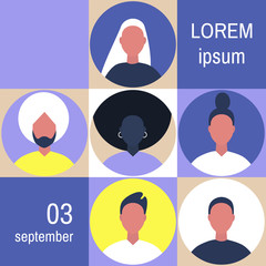 Event mockup, a conference announcement or a party poster template, a set of millennial portraits in circle blocks