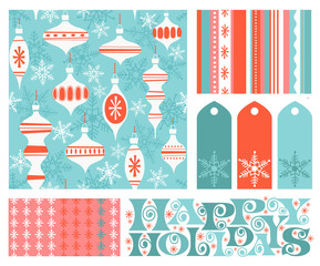 Set of new coordinating holiday seamless patterns, gift tags and design elements for gift wrap, cards and decoration. Simple flat retro style for Christmas and New Years. Vector illustration.