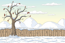 Winter Landscape With Fence And Tree. Hand Drawn Vector Illustration With Separate Layers.