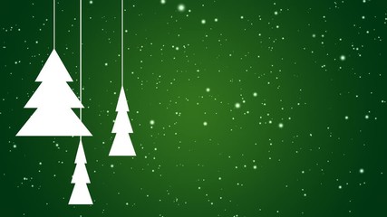white abstract christmas fir trees slowly rotating on falling down snow background over green gradie