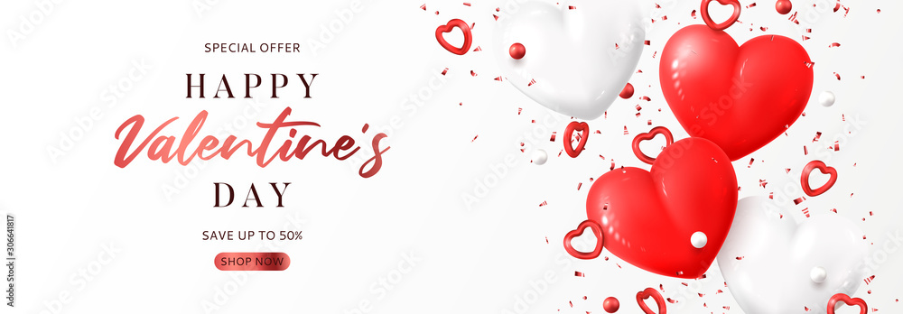 Valentine's Day sale promo banner. Vector illustration with realistic flying red and white hearts, balls and confetti on white background. Festive greeting card, horizontal promo banner. - obrazy, fototapety, plakaty 