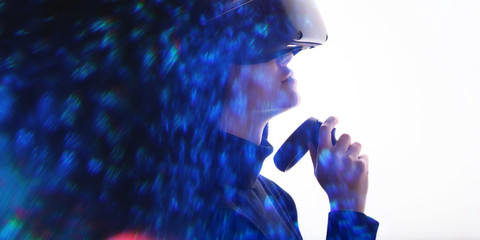 Wall Mural - double exposure of female face. abstract woman portrait. digital art. girl in glasses of virtual rea