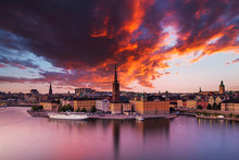 Scenic Panoramic View Of Gamla Stan, Stockholm At Sunset, Capital Of Sweden.