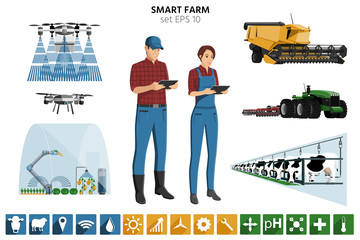 Sticker - Smart farming set. Modern farmers with digital tablet, autonomous harvester, tractor, drone, greenhouse with robot, automated milking. Elements for design and infographics. Vector illustration EPS 10