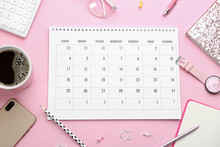 Flat Lay Composition With Calendar On Pink Background