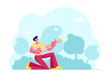 © Pavlo Syvak - Romantic Dating Concept. Man Standing on One Knee Playing Guitar Performing Loving Song to Girlfriend or Singing Serenade Outdoors. Love and Romance Relationships. Cartoon Flat Vector Illustration