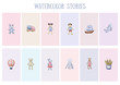 © CreativebyLu - Original watercolor stories. Picture with cartoon illustration. Good illustration for instagram, book, sticker, logo, business card or postcard. Template, instagram, card, history, handmade.