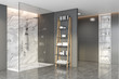 Grey and marble bathroom with shower stall