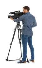 Operator With Professional Video Camera On White Background