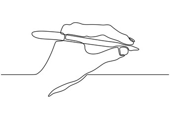 Continuous one line drawing of hand writing holding an ink pen or pencil. Minimalism design vector isolated on white background.