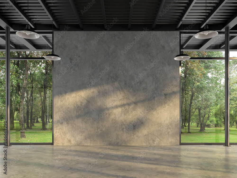 Industrial loft style empty room with blank concrete wall 3d render,There are polished concrete floor and wall,black steel structure,There are large windows look out to see the nature - obrazy, fototapety, plakaty 