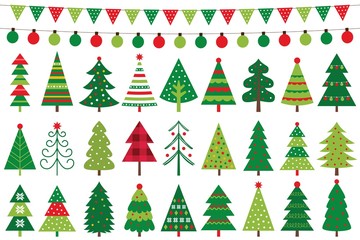 Christmas trees and holiday decoration, vector set