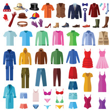 Woman And Man Clothes And Accessories Collection - Fashion Wardrobe - Vector Color Illustration