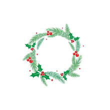 Round Wreath With Fir Tree Or Spruce Twigs And Red Holly Berries. Winter Holiday Garland.