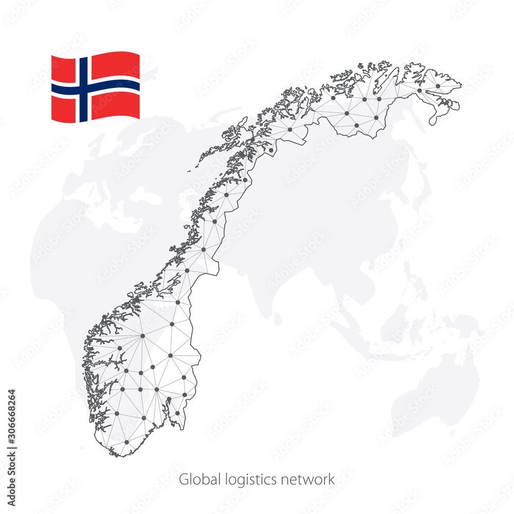Global logistics network concept. Communications network map Norway on the world background.  Map of  Norway with nodes in polygonal style and national flag.  EPS10.
