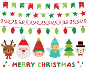 Poster - Christmas characters, Santa, Deer, elf, angel, snowman and decoration, vector set