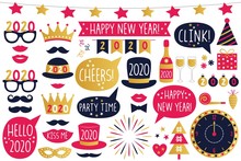 Happy New Year 2020 Vector Party Signs And Photo Booth Props, Isolated On White