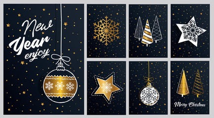 Set modern Merry Christmas hand drawn cards, illustrations and icons, lettering design collection. Doodles and sketches vector illustration