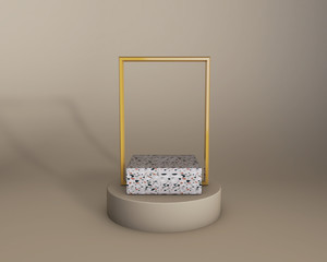 Wall Mural - 3d render of beige studio and terrazzo product stage with golden frame. trendy colors