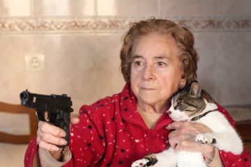 hilarious lady protecting her cat