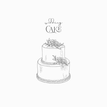hand drawn wedding cake with flowers vector illustration sketch, logo, branding