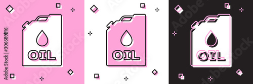 Cuadros en Lienzo Set Plastic canister for motor machine oil icon isolated on pink and white, black background