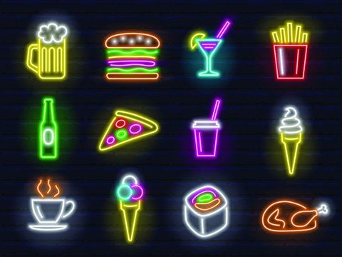 collection of colorful neon web signs and icons. food theme