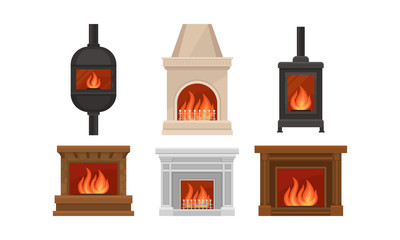 Wall Mural - Set Of Fireplaces With Different Shapes And Design Vector Illustration