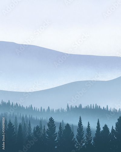 Watercolor Indigo Foggy Mountains Misty Forest Moody Blue Aesthetic Stock Illustration Adobe Stock