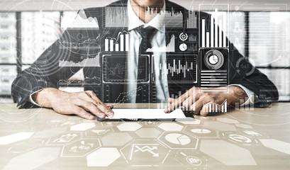 Fototapete - Data Analysis for Business and Finance Concept. Graphic interface showing future computer technology of profit analytic, online marketing research and information report for digital business strategy.