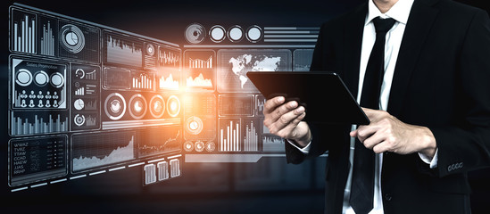 Fototapete - Big Data Technology for Business Finance Analytic Concept. Modern graphic interface shows massive information of business sale report, profit chart and stock market trends analysis on screen monitor.