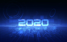 2020 Celebration With Cyber Futuristic Technology Background, Countdown Concept