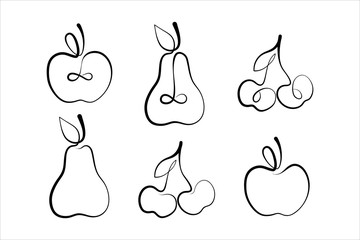 Fruits are drawn in one line. Apple, pear, cherry. One line drawing concept for a logo. Vector illustration