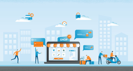 Wall Mural - flat illustration design business online shopping and business e-commerce concept
