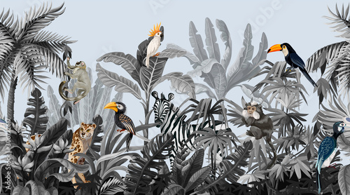 Fototapeta dla dzieci Seamless border with jungle trees and animals in monochrome style.