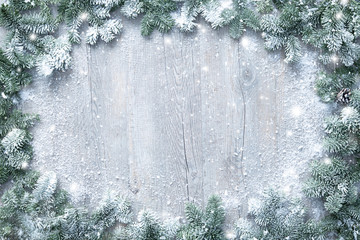 Wall Mural - christmas and new year background with fir branches and snowfall