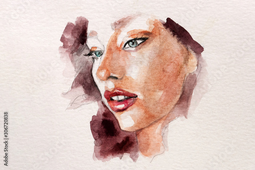 Fotografía Beautisul abstract watercolor illustration of a young woman with red lipstick an