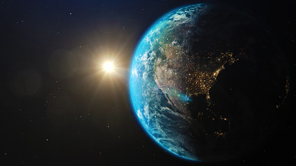 world and sun realistic 3d rendering. shiny sunlight over planet earth, cosmos, atmosphere. shot fro
