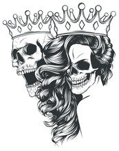 Tattoo Of King And Queen Of Death. Portrait Of A Skull With A Crown.